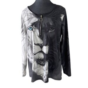 Chaos Monkey Edgy Steeze Streetwear M Lion Graphic 1/4‎ Zip L/S Top Black White